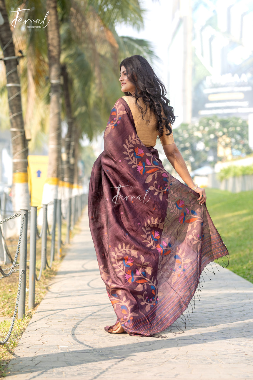 Chocolate Brown Allover Floral Handwoven Tussar Silk Jamdani Saree