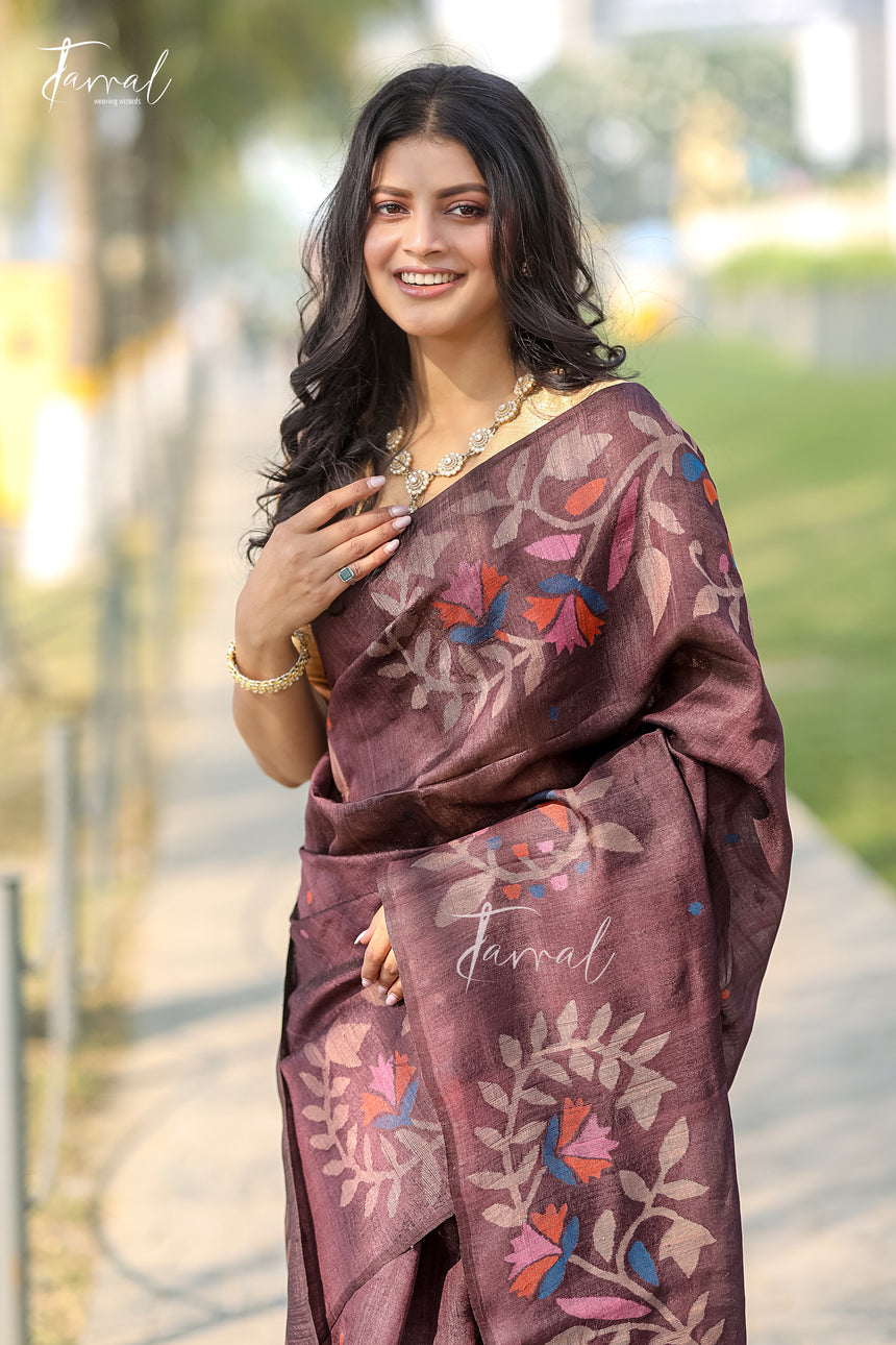 Chocolate Brown Allover Floral Handwoven Tussar Silk Jamdani Saree