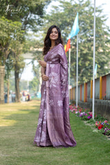 Dusty Mauve With Off-white Floral Motifs Handwoven Tussar Silk Jamdani Saree