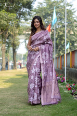 Dusty Mauve With Off-white Floral Motifs Handwoven Tussar Silk Jamdani Saree