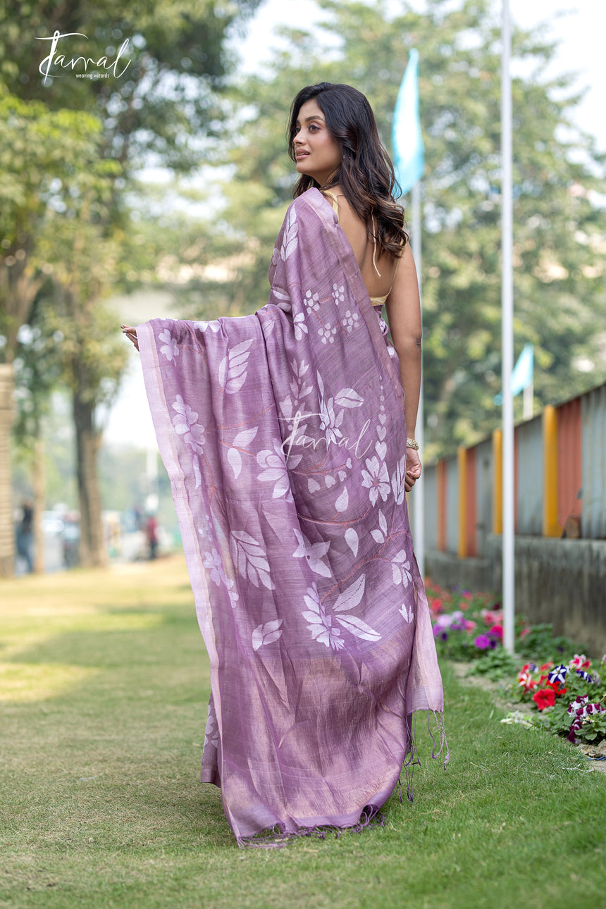 Dusty Mauve With Off-white Floral Motifs Handwoven Tussar Silk Jamdani Saree