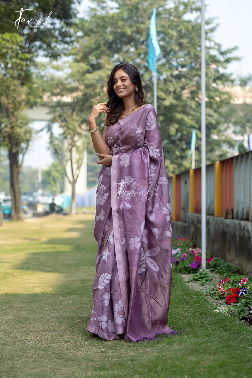 Dusty Mauve With Off-white Floral Motifs Handwoven Tussar Silk Jamdani Saree