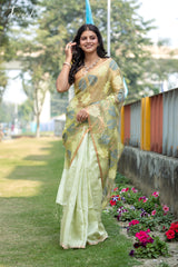 Light Sage Green Half & Half Matka Muslin Handwoven Jamdani Saree