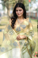 Light Sage Green Half & Half Matka Muslin Handwoven Jamdani Saree