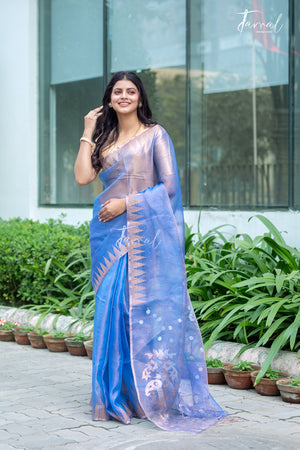 Soft Golden Sky Blue Pure Tissue Muslin Silk Handwoven Jamdani Saree