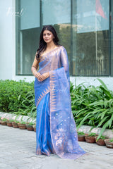 Soft Golden Sky Blue Pure Tissue Muslin Silk Handwoven Jamdani Saree