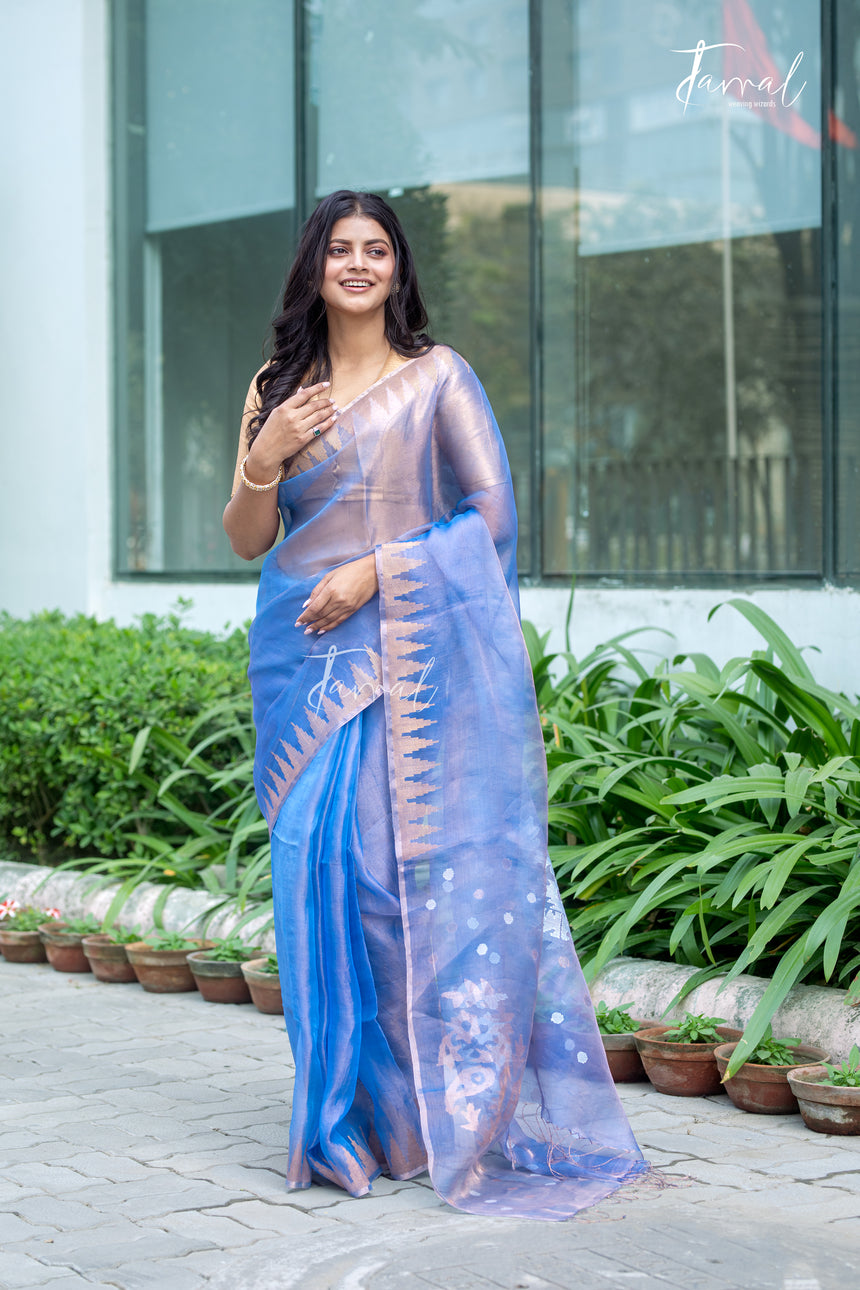 Soft Golden Sky Blue Pure Tissue Muslin Silk Handwoven Jamdani Saree