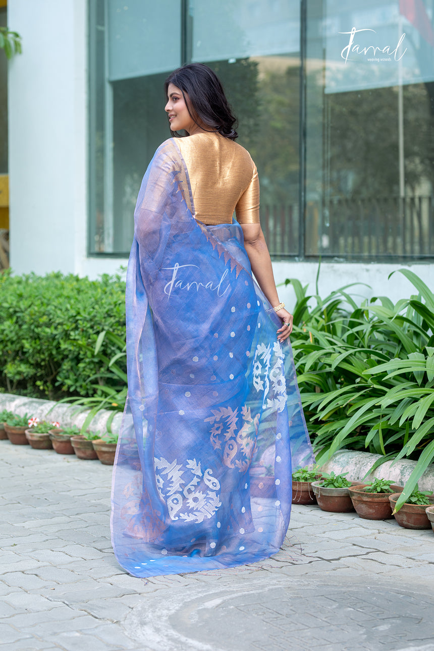 Soft Golden Sky Blue Pure Tissue Muslin Silk Handwoven Jamdani Saree