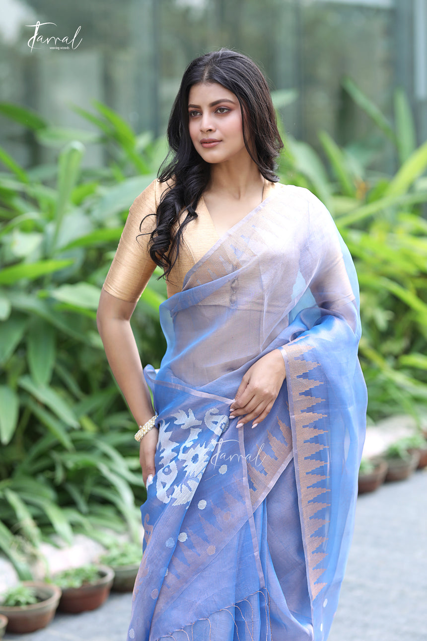 Soft Golden Sky Blue Pure Tissue Muslin Silk Handwoven Jamdani Saree