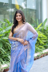 Soft Golden Sky Blue Pure Tissue Muslin Silk Handwoven Jamdani Saree