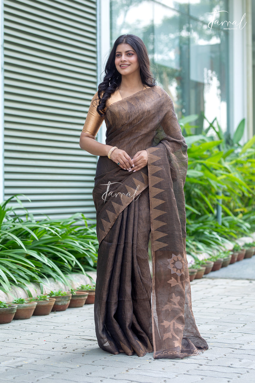 Golden Black Pure Tissue Silk Linen Handwoven Jamdani Saree