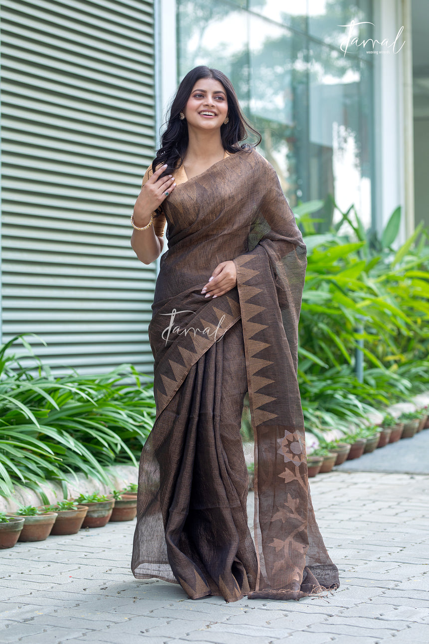 Golden Black Pure Tissue Silk Linen Handwoven Jamdani Saree