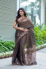Golden Black Pure Tissue Silk Linen Handwoven Jamdani Saree