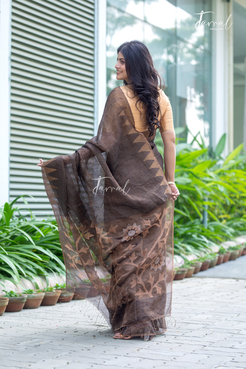 Golden Black Pure Tissue Silk Linen Handwoven Jamdani Saree