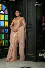 Golden Ivory White Pure Tissue Muslin Handwoven Jamdani Saree