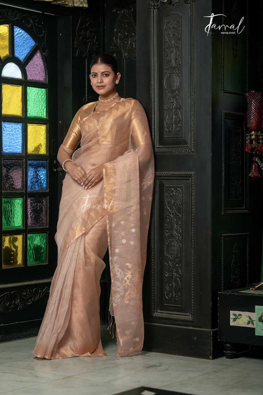 Golden Ivory White Pure Tissue Muslin Handwoven Jamdani Saree