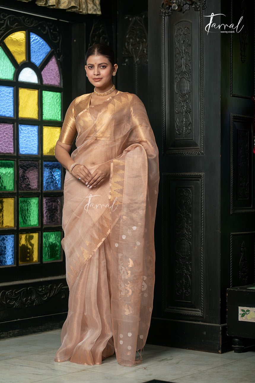 Golden Ivory White Pure Tissue Muslin Handwoven Jamdani Saree