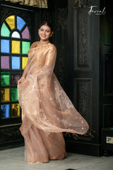 Golden Ivory White Pure Tissue Muslin Handwoven Jamdani Saree