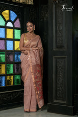 Dusty Rose With Copper Tone Pure Silk Linen Handwoven Jamdani Saree