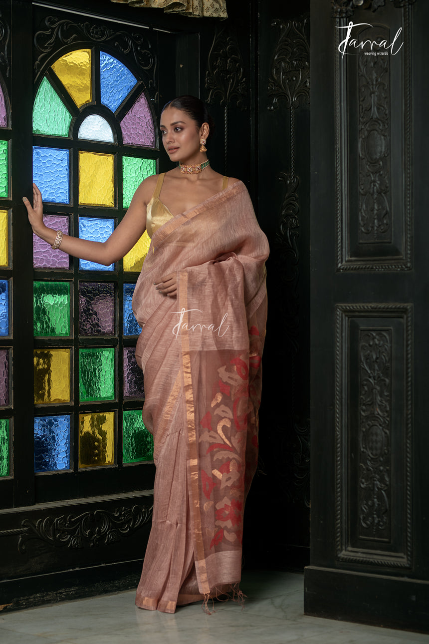 Dusty Rose With Copper Tone Pure Silk Linen Handwoven Jamdani Saree
