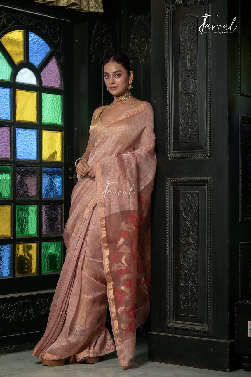 Dusty Rose With Copper Tone Pure Silk Linen Handwoven Jamdani Saree