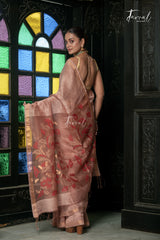 Dusty Rose With Copper Tone Pure Silk Linen Handwoven Jamdani Saree