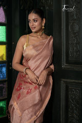 Dusty Rose With Copper Tone Pure Silk Linen Handwoven Jamdani Saree