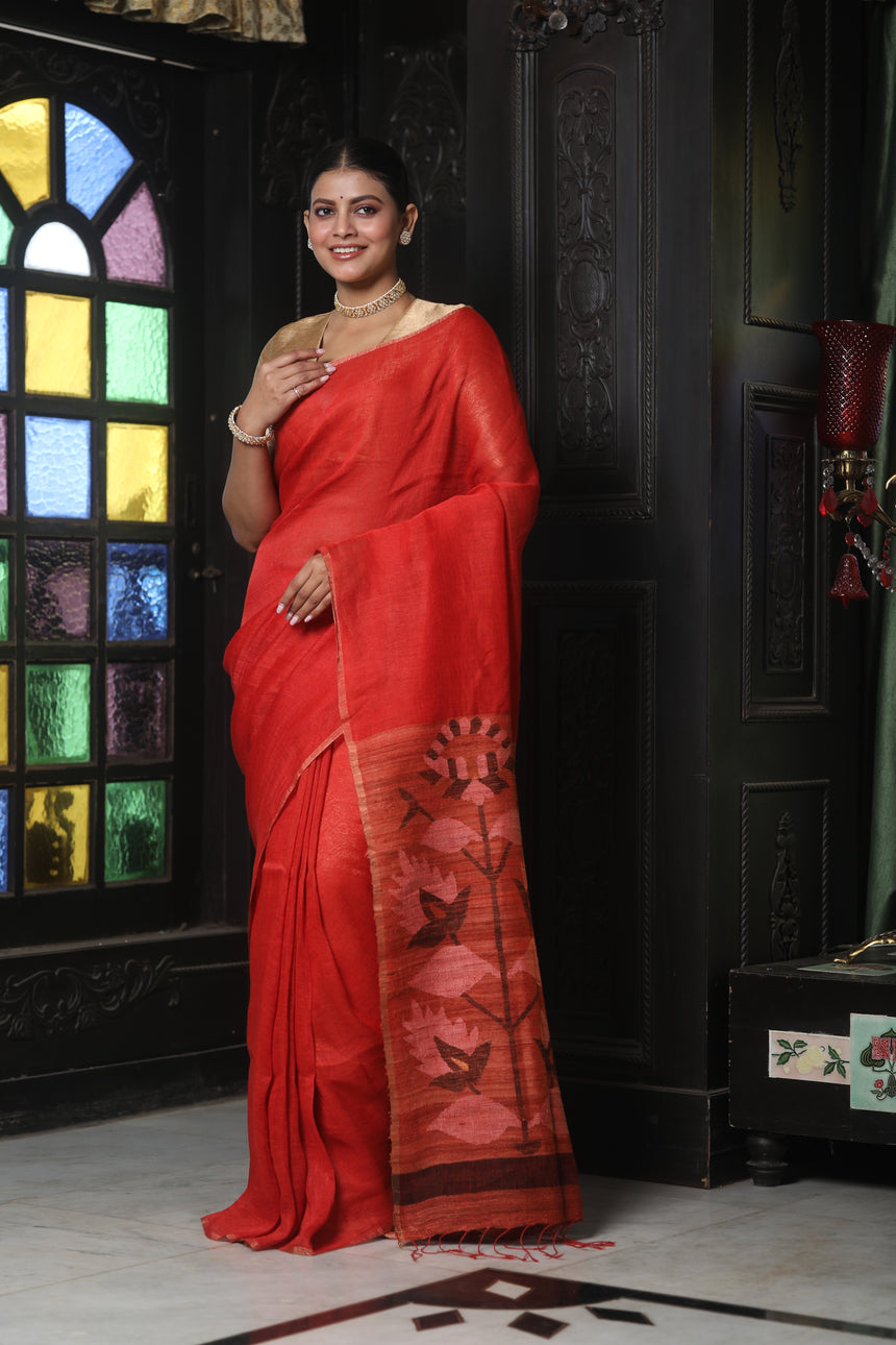 Red With Ghicha Pallu Pure Linen Handwoven Jamdani Saree