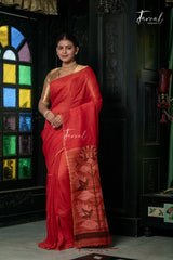 Red With Ghicha Pallu Pure Linen Handwoven Jamdani Saree