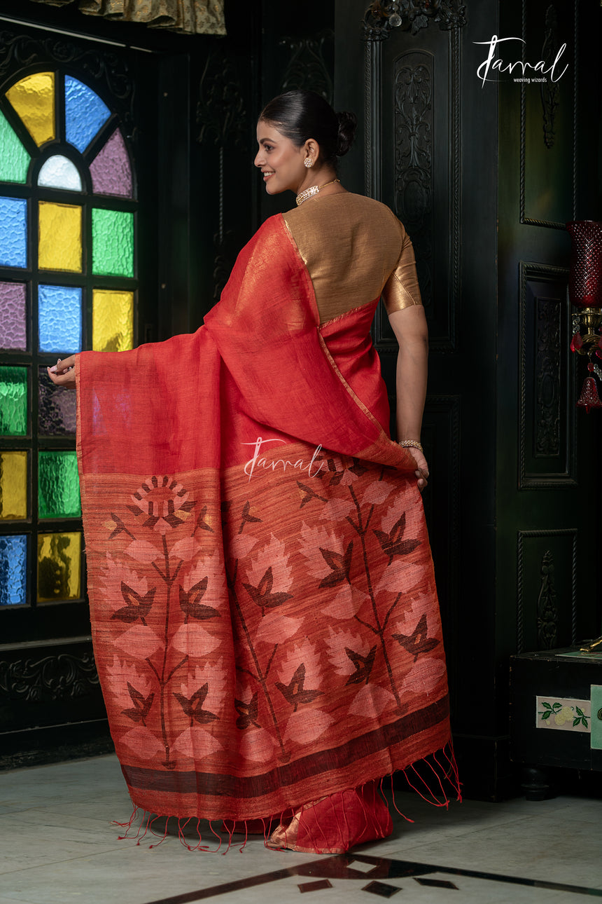 Red With Ghicha Pallu Pure Linen Handwoven Jamdani Saree