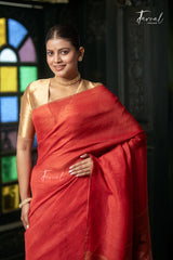 Red With Ghicha Pallu Pure Linen Handwoven Jamdani Saree