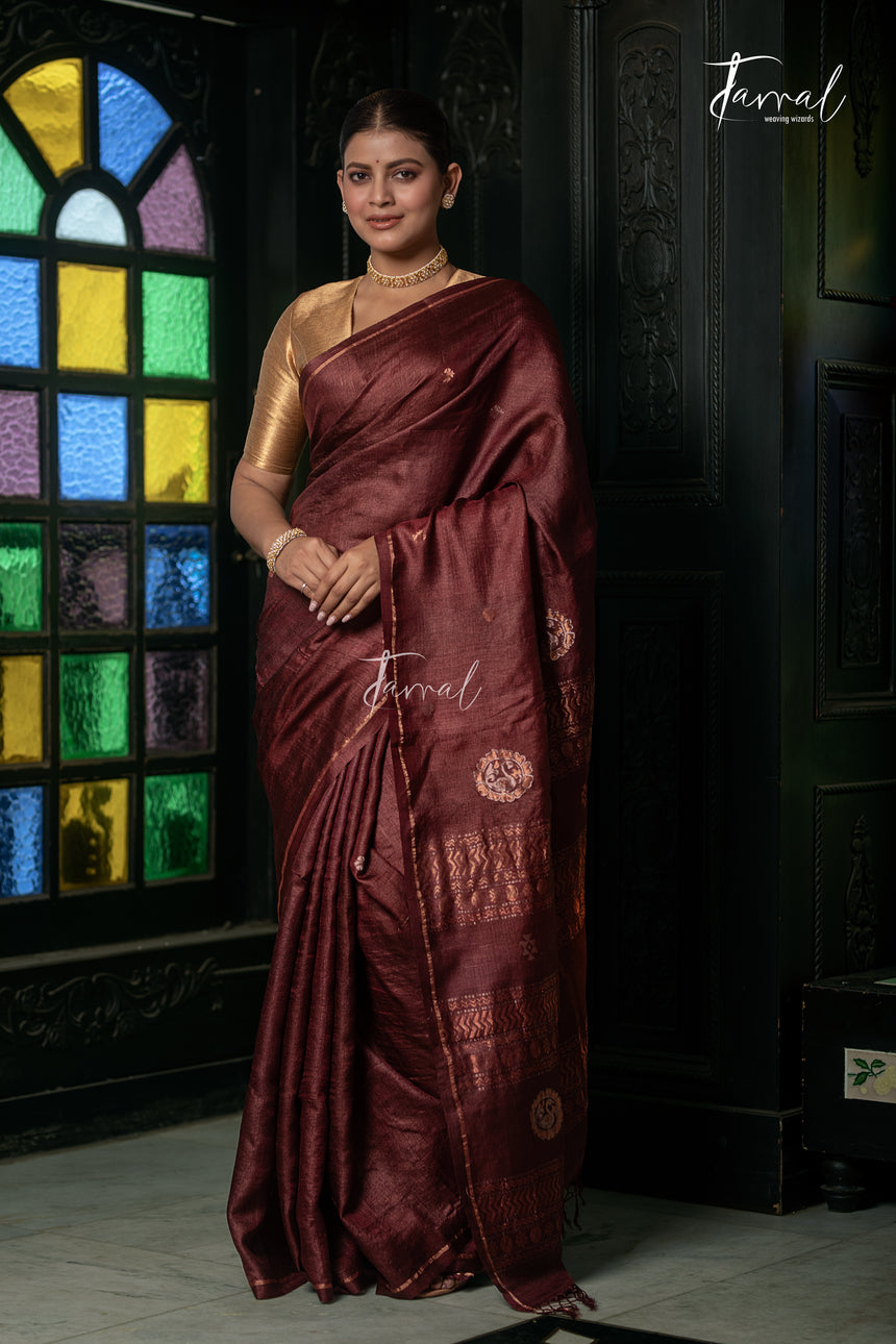 Brown Colour Pure Tussar Silk Handwoven Jamdani Saree
