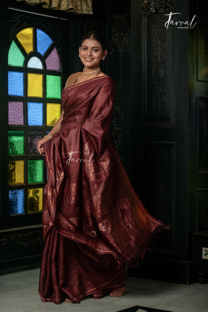Brown Colour Pure Tussar Silk Handwoven Jamdani Saree