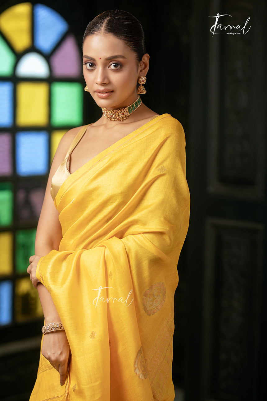 Golden Yellow Colour Pure Tussar Silk Handwoven Jamdani Saree