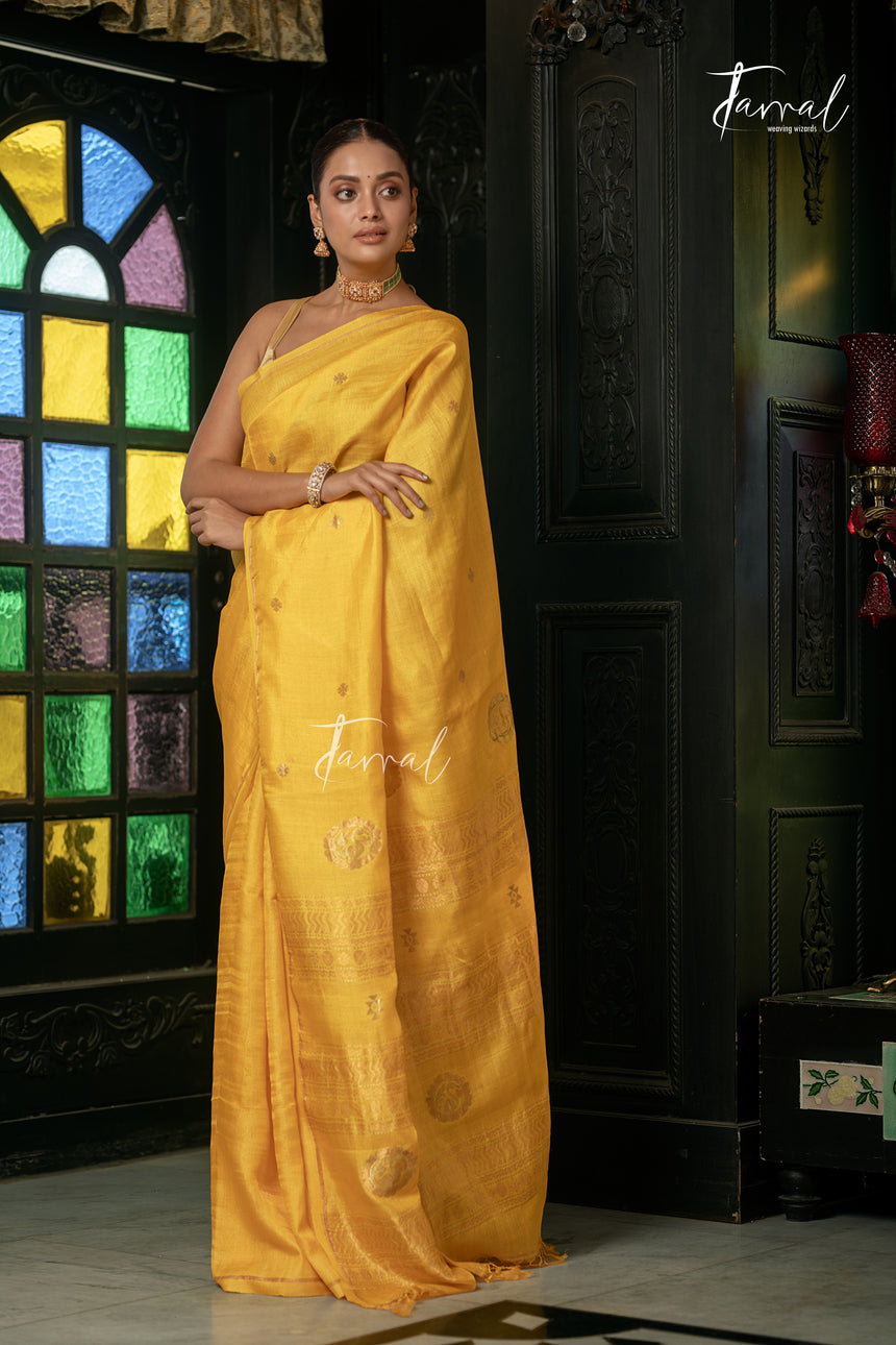 Golden Yellow Colour Pure Tussar Silk Handwoven Jamdani Saree