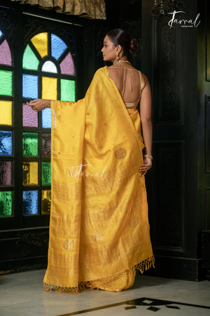 Golden Yellow Colour Pure Tussar Silk Handwoven Jamdani Saree