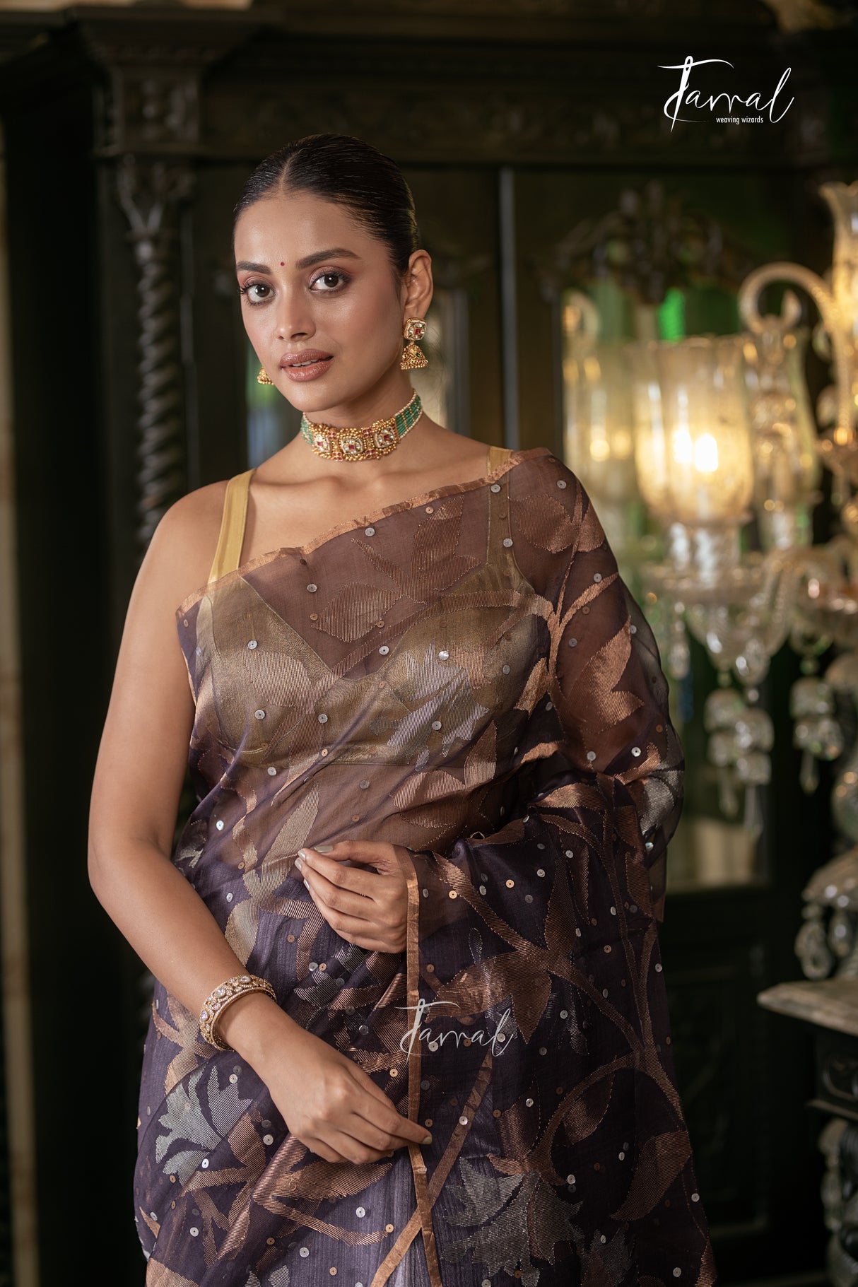 Chocolaty Lavender Half & Half Matka Muslin Silk Handwoven Jamdani Saree