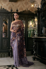 Chocolaty Lavender Half & Half Matka Muslin Silk Handwoven Jamdani Saree