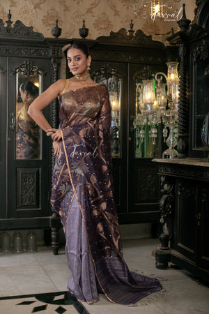 Chocolaty Lavender Half & Half Matka Muslin Silk Handwoven Jamdani Saree