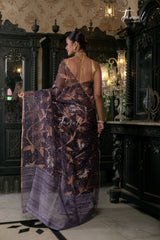 Chocolaty Lavender Half & Half Matka Muslin Silk Handwoven Jamdani Saree