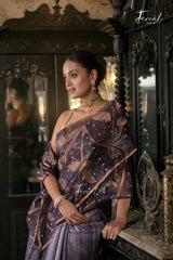 Chocolaty Lavender Half & Half Matka Muslin Silk Handwoven Jamdani Saree