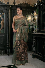 Bottle Green With Golden Border Tissue Linen Handwoven Jamdani Saree