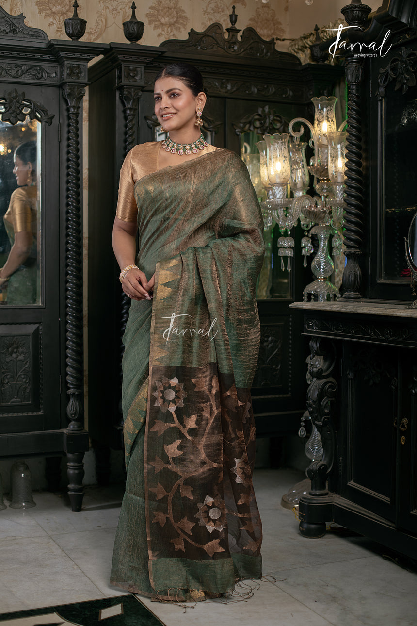 Bottle Green With Golden Border Tissue Linen Handwoven Jamdani Saree