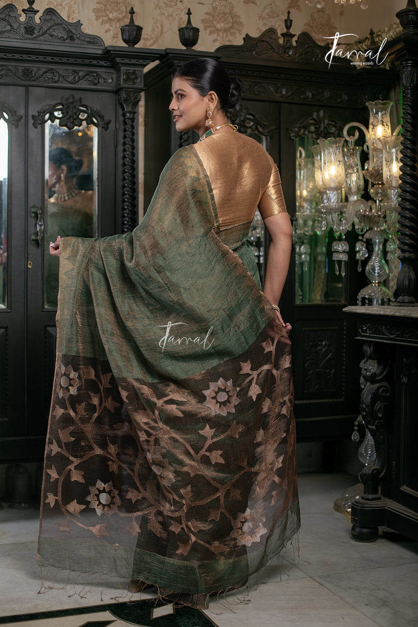 Bottle Green With Golden Border Tissue Linen Handwoven Jamdani Saree