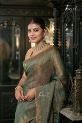 Bottle Green With Golden Border Tissue Linen Handwoven Jamdani Saree