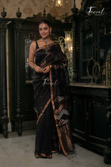 Black With Golden Zari Border Silk Linen Handwoven Jamdani Saree