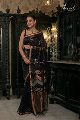 Black With Golden Zari Border Silk Linen Handwoven Jamdani Saree