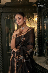 Black With Golden Zari Border Silk Linen Handwoven Jamdani Saree