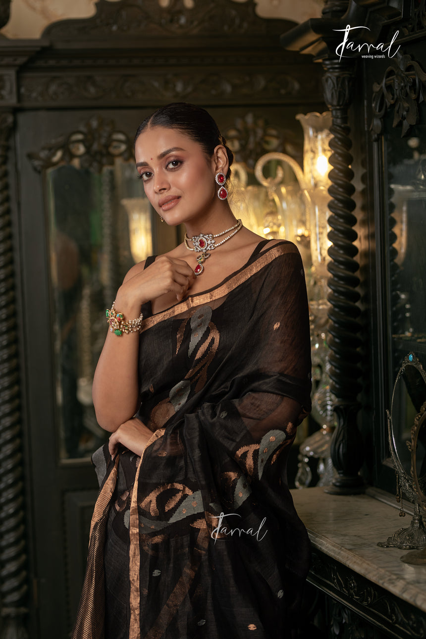 Black With Golden Zari Border Silk Linen Handwoven Jamdani Saree