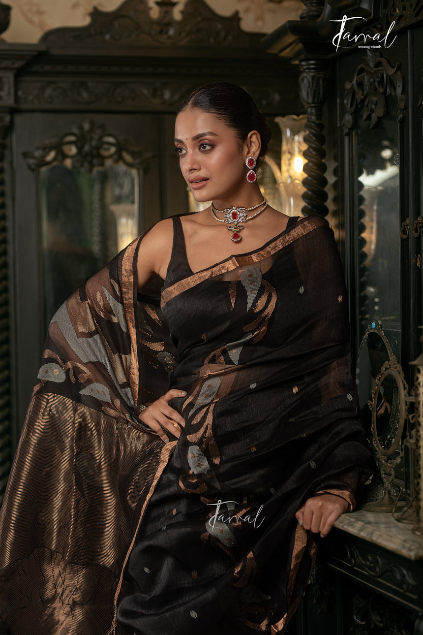 Black With Golden Zari Border Silk Linen Handwoven Jamdani Saree